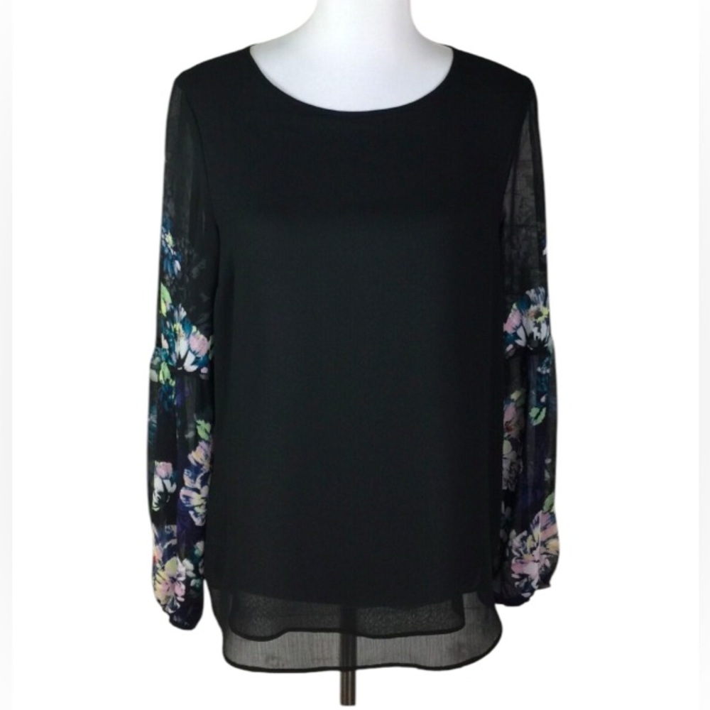 Apt.9 Floral Sheer Sleeve Flowy Top Lightweight Black  Back Keyhole Size XL
